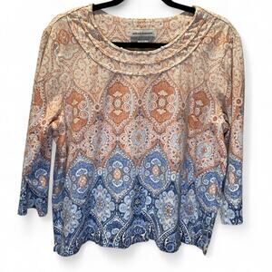 Alfred Dunner Paisley Blouse PXL Petite Peach Blue 3/4 Sleeve Boho Cottagecore